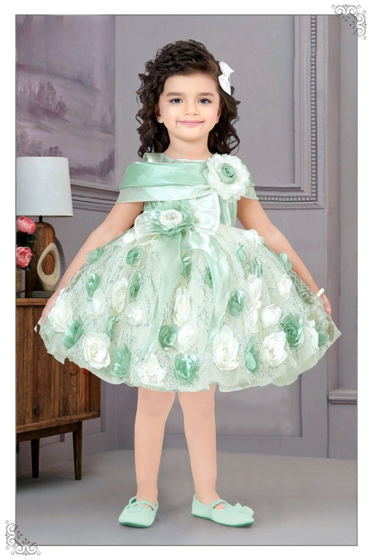 Pistachio Green - Mint Petal 3D Floral Short Frock