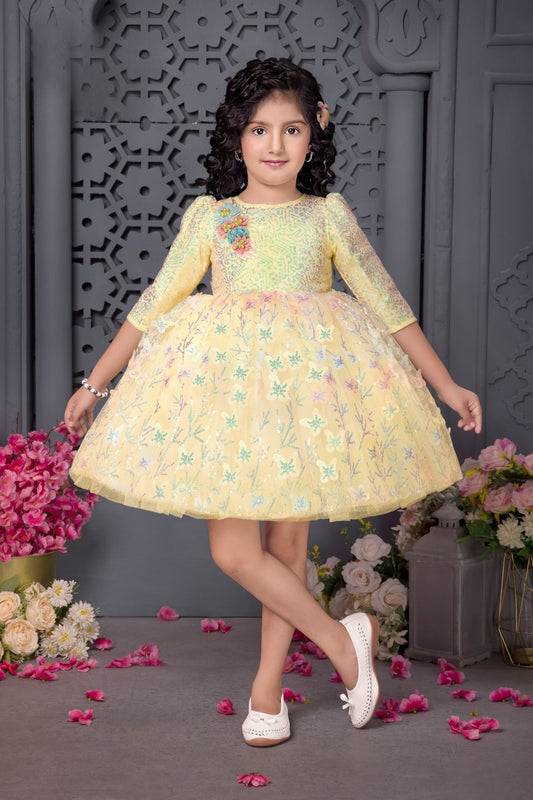 Lemon Yellow with Pastel Floral Embroidery Short Frock