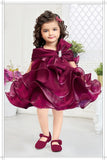 Wine Satin Organza -Sculpted Ruffle Short Frock