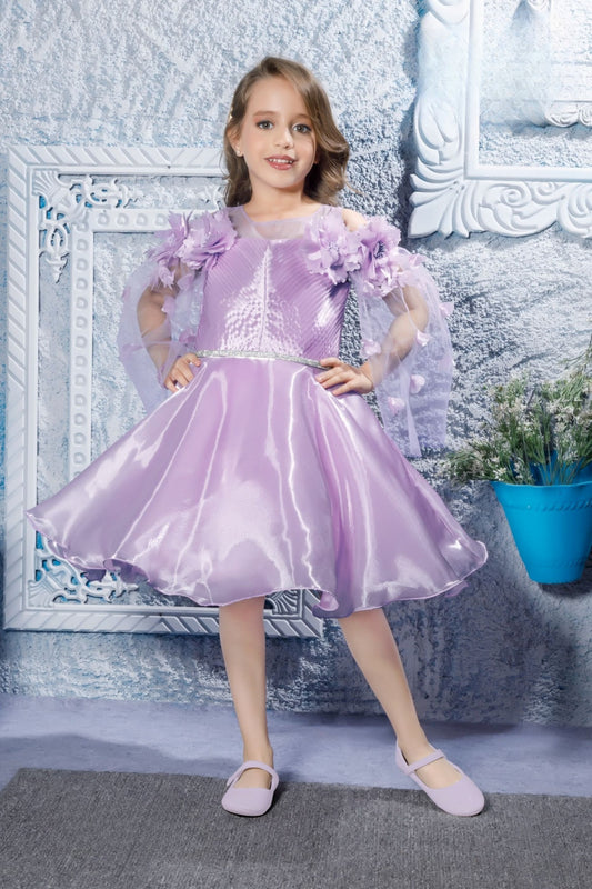 Purple -3D Floral Mesh Short Frock