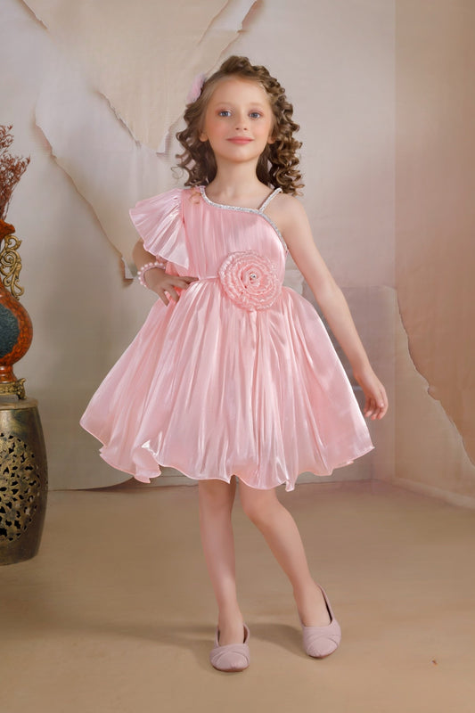 Pastel Peach -One-Shoulder Sparkle Short Frock