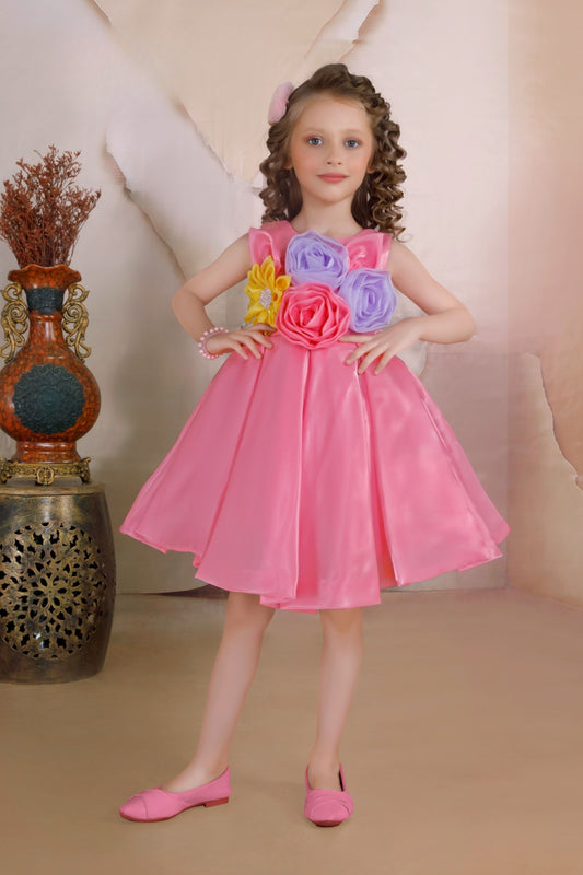 Tomato Pink -Multi-Color Floral Short Frock