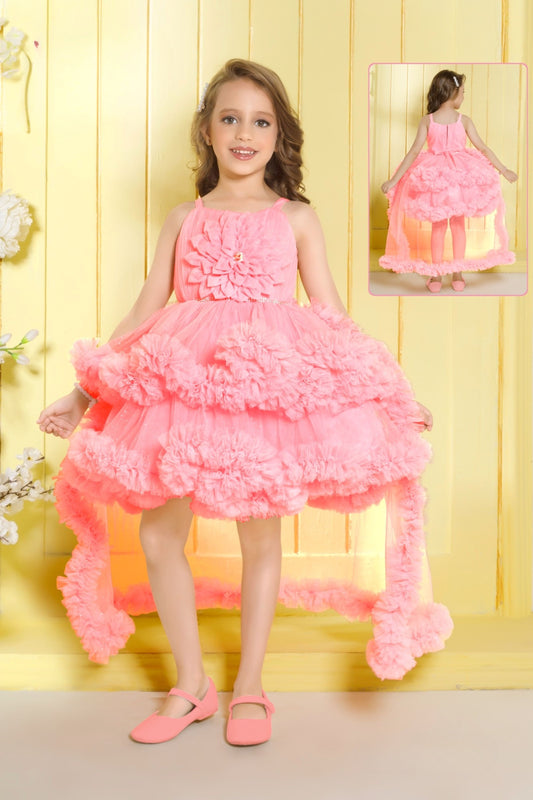 Peach - Fluffy Layered Trail Short Frock