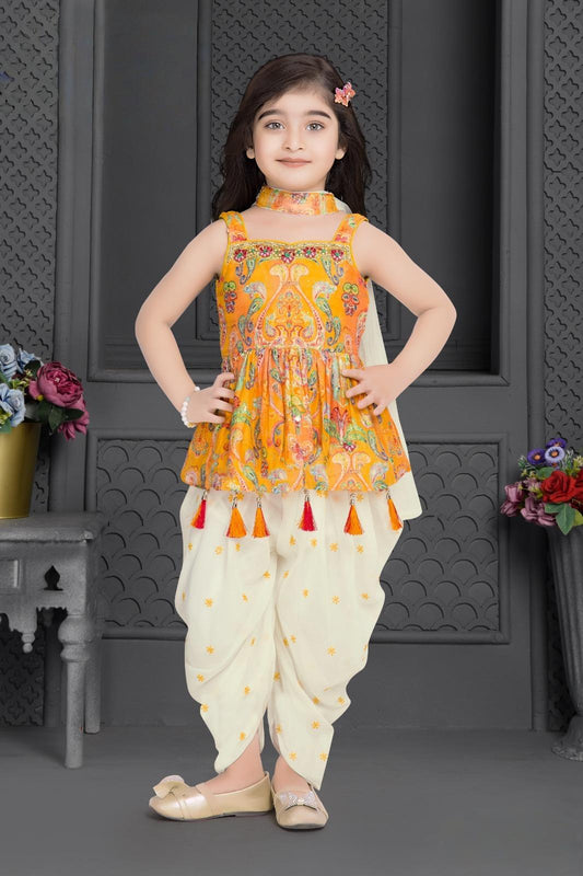 Gold Printed Peplum Kurti with Ivory Dhoti Pants