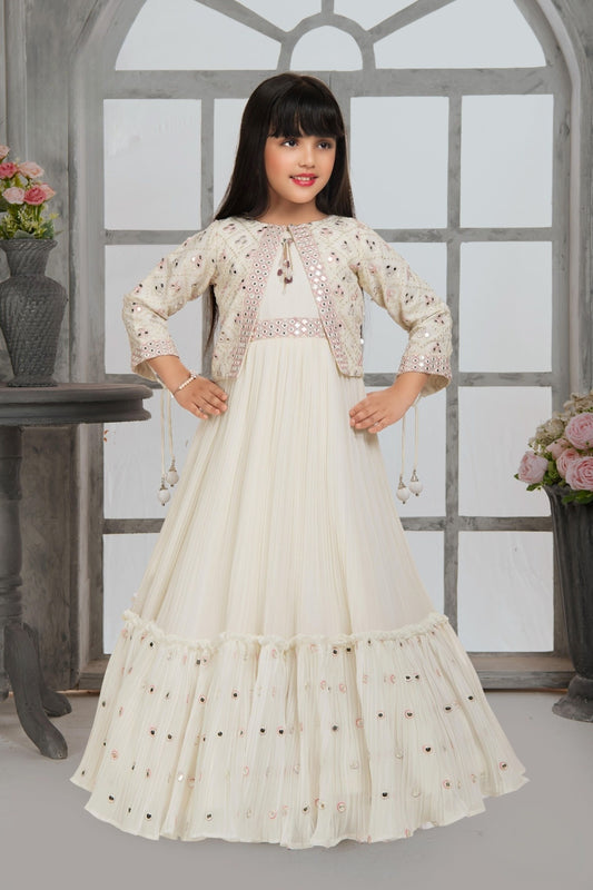 Cream Embroidered Gown with Mirror Work Jacket