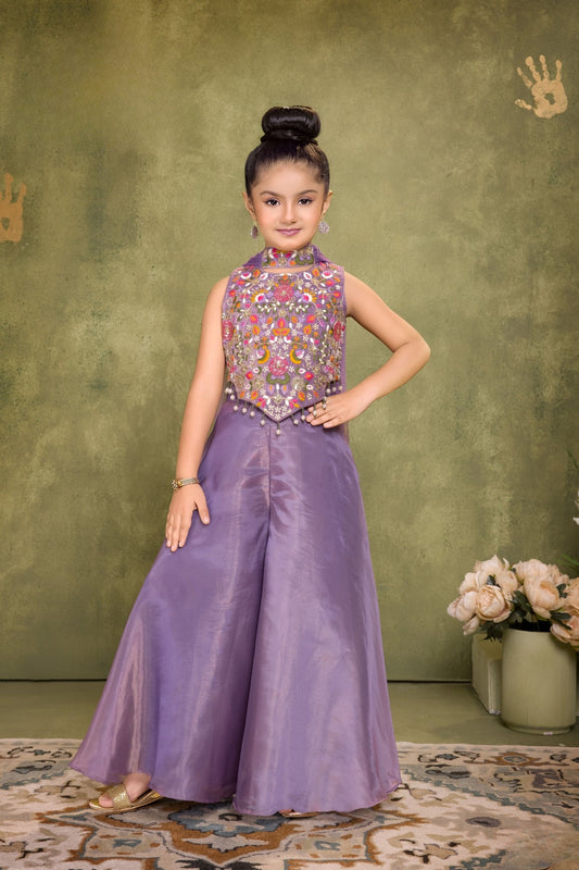 Lavender Palazzo Set with Multicolour Embroidered Top