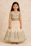 White & Olive Green Embroidered Crop Top with Lehenga Set