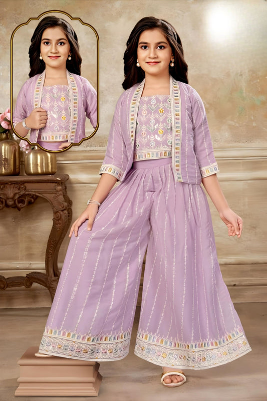 Purple Embroidered Palazzo Set with Jacket