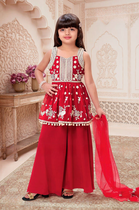 Red Embroidered Peplum Top with Palazzo & Dupatta