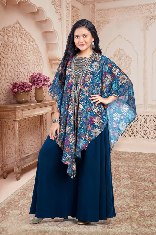 Navy Blue Floral Cape Palazzo Set