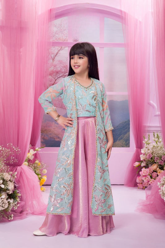 Aqua Blue & Pink Embroidered Long Jacket Lehenga Set