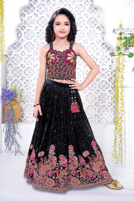 Black Sequin Floral Embroidered Lehenga Set