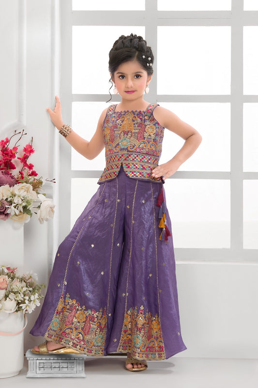 Purple Embroidered Festive Palazzo Set