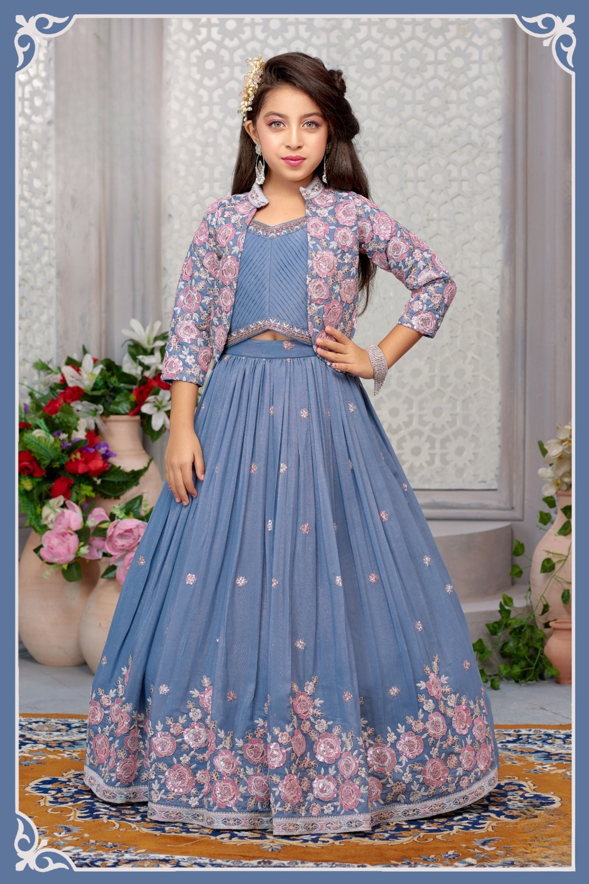 Royal Blue Floral Embroidered Jacket Gown Set | Kids Ethnic Dress for TodsNTweens Royal Blue Floral Embroidered Jacket Gown Set | Kids Ethnic Dress for TodsNTweens
