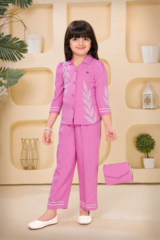 Purple Classic Leaf Embroidered Co-Ord Set