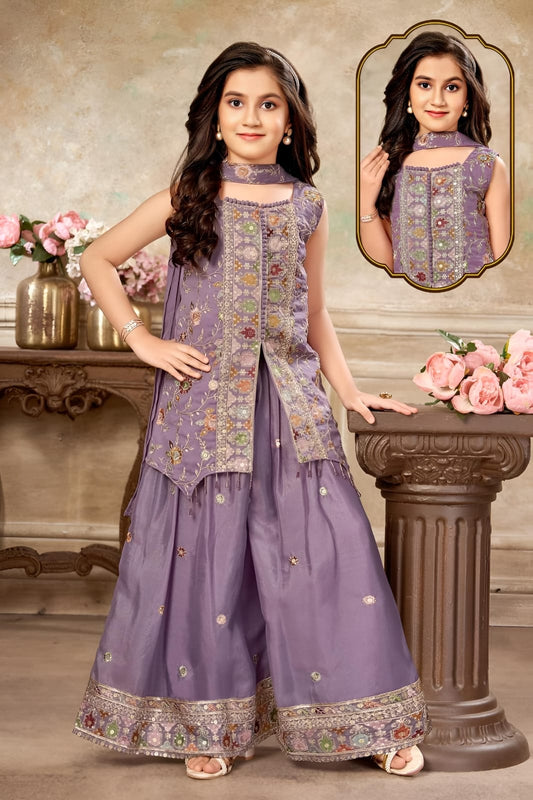 Lavender Embroidered Palazzo Set with Sleeveless Kurta & Dupatta