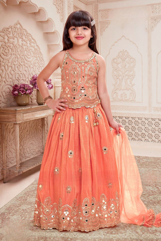 Peach Mirror Embroidered Lehenga Set