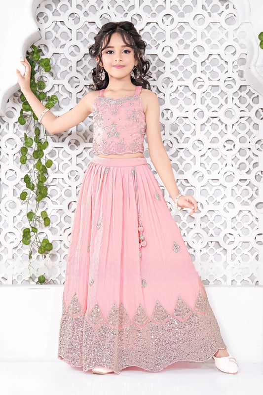 Baby Pink Sequined Floral Embroidered Lehenga Choli Set