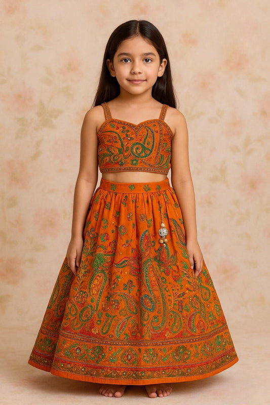 Rust Orange Handcrafted Paisley Lehenga Set