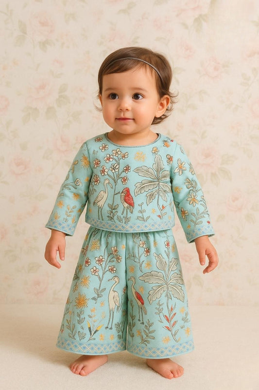 Aqua Blue Nature Print Palazzo Set