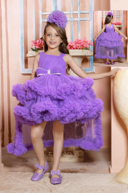 Royal Lavender Feathered Ruffle Couture Short Frock .