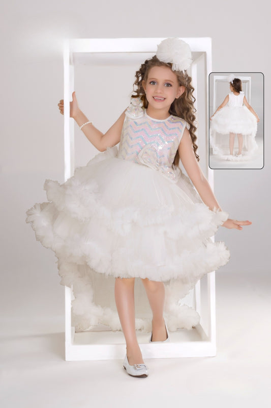 Pearl White Designer High-Low Feathered Short Frock