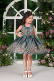 Emerald Mist Floral Threadwork Designer Short Frock