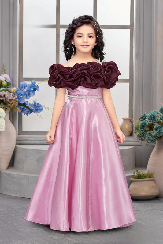 Pink Ruffle Neck Party Gown