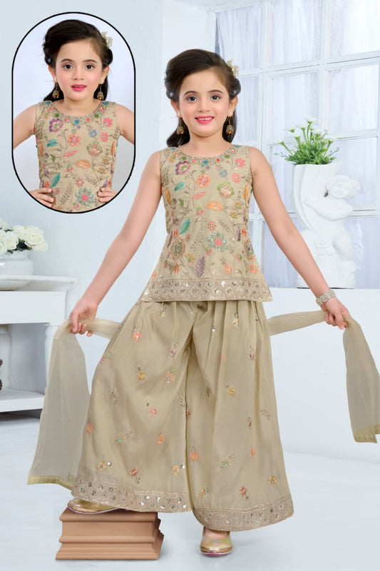 Antique Gold Embroidered Top & Sharara Set | Kids Ethnic Outfit for Girls
