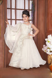 Pearl Ivory One-Shoulder Draped Long Gown | Party Wear Kids Dress for Girls