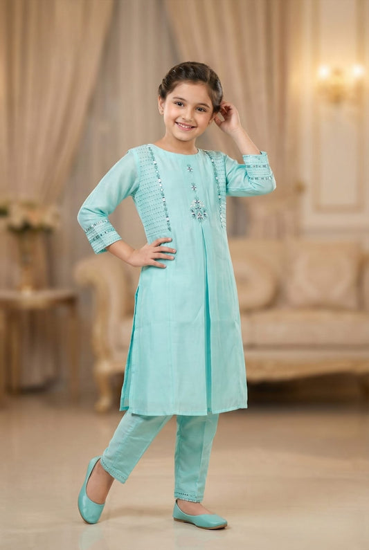 Aqua Green Mist Embroidered Salwar Suit | Kids Ethnic Outfit for Girls