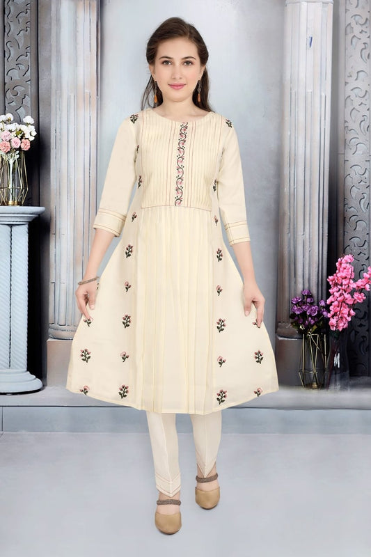 Ivory Cream Blossom Embroidered Salwar Suit | Kids Ethnic Outfit for Girls