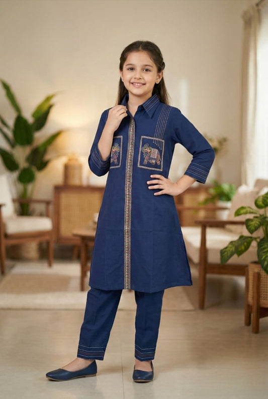 Indigo Blue Heritage Embroidered Salwar Suit | Kids Ethnic Outfit for Girls