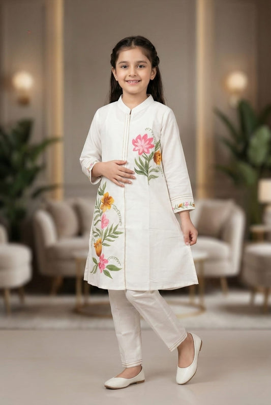 Ivory Cream Garden Floral Kurta Set | Kids Ethnic Outfit for Girls
