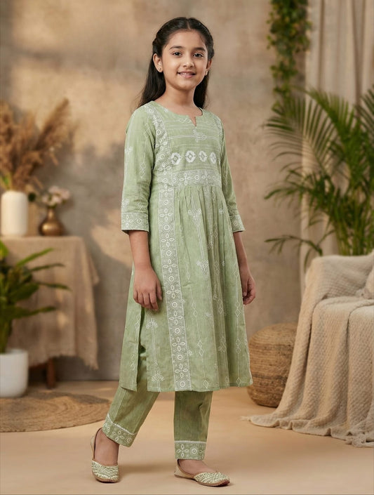 Sage Green Harmony Printed Kurta Set | Kids Ethnic Outfit for Girls