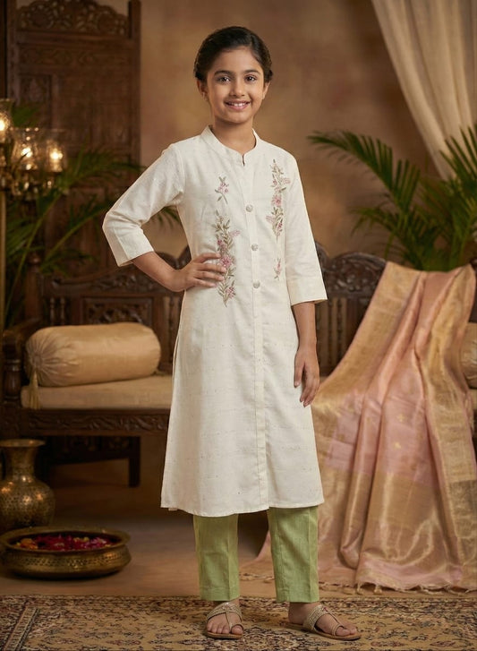 Ivory Cream Floral Embroidered Salwar Suit | Kids Ethnic Outfit for Girls