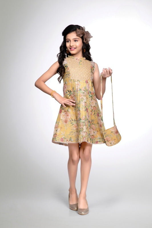 Mustard Floral Printed Sleeveless Short Frock