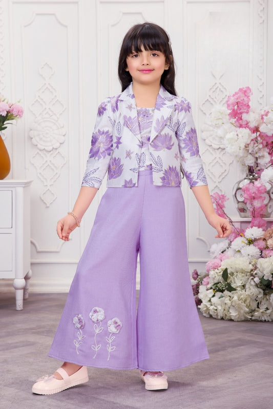 Royal Purple Floral Jacket Palazzo Set | Party Wear Kids Outfit for Girls