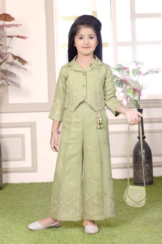 Sage Green Embroidered Jacket Palazzo Set | Party Wear Kids Outfit for Girls