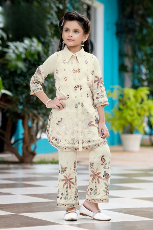 Cream Heritage Muse Co-ord Set | Casual Wear Kids Outfit for Girls