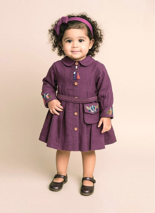 Baby Girls Plum Purple Shirt Dress with Belt | Casual & Party Wear For Girls