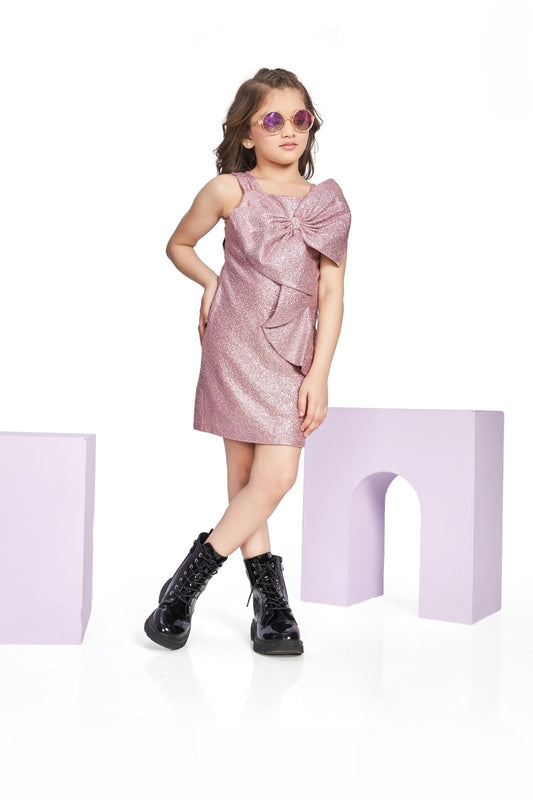 Girls Rose Gold Shimmer Party Dress with Bow | Kids Birthday Party Wear