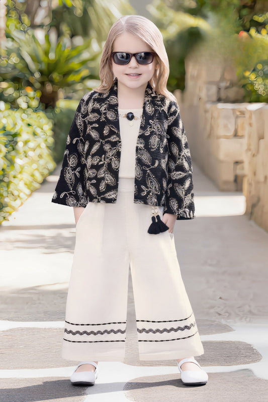 Ivory & Black Noir Designer Palazzo Set | Party Wear Kids Outfit for Girls