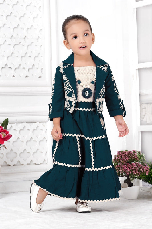 Emerald Green Grace Ethnic Skirt Top Set | Party Wear Kids Outfit for Girls