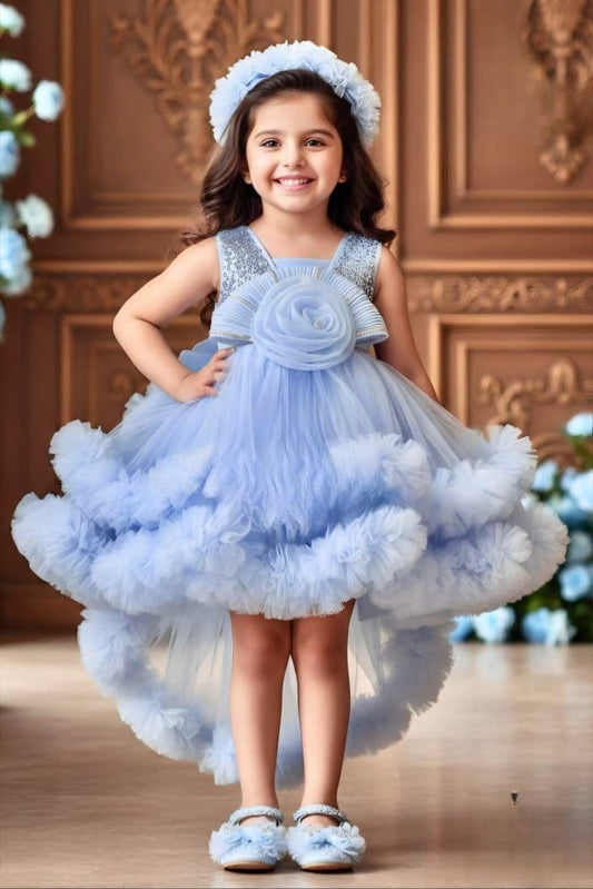 Baby Girls Blue Party Short Frock | High-Low Birthday Dress for Kids