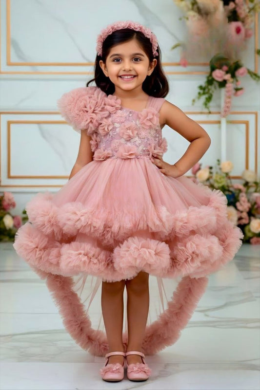 Baby Girls Dusty Rose Party Short Frock | High-Low Birthday Dress for Kids