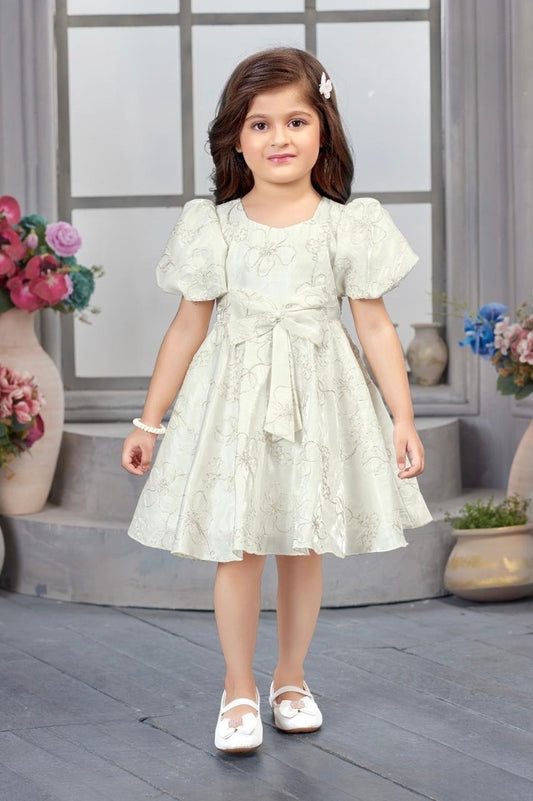 Sage Green Embroidered Dress with Puff Sleeves & Bow Belt | Party Wear Kids Dress for Girls
