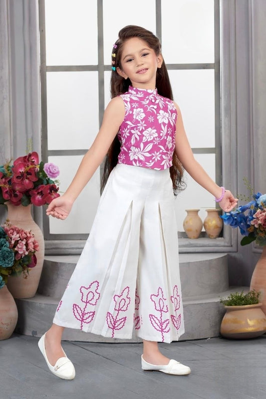 Pink Floral Top with Ivory Embroidered Palazzo Set | Festive Kids Outfit for Girls