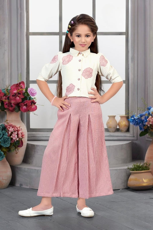 Ivory Shirt with Blush Pink Pleated Palazzo Set | Indo-Western Kids Outfit for Girls