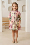 Pastel Floral Printed Dress with Bow Neck & 3D Flower Detail | Party Wear Kids Dress for Girls